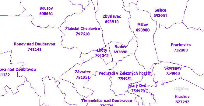 Katastrální mapa Lhůty - přehledová mapa katastrálního území
