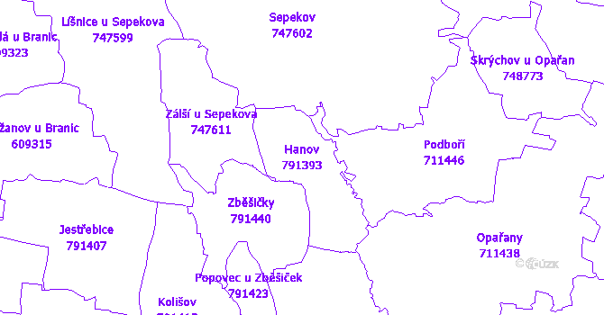 Katastrální mapa Hanov - přehledová mapa katastrálního území
