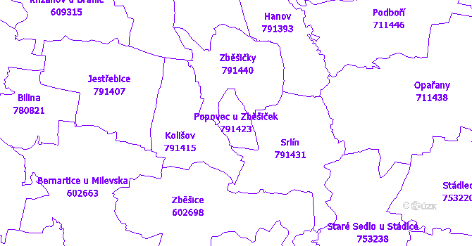 Katastrální mapa Popovec u Zběšiček - přehledová mapa katastrálního území