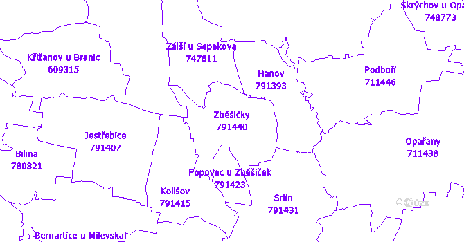 Katastrální mapa Zběšičky - přehledová mapa katastrálního území