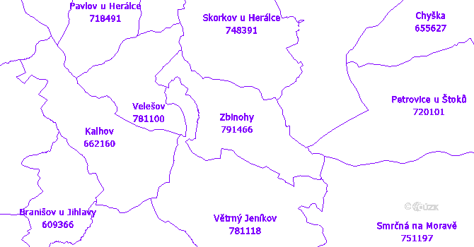 Katastrální mapa Zbinohy - přehledová mapa katastrálního území