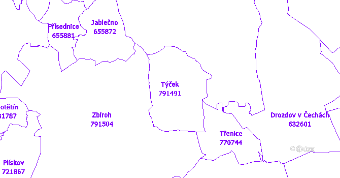 Katastrální mapa Týček - přehledová mapa katastrálního území