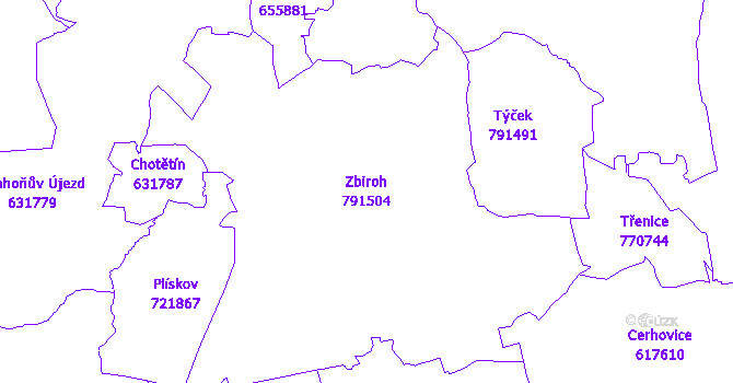 Katastrální mapa Zbiroh - přehledová mapa katastrálního území