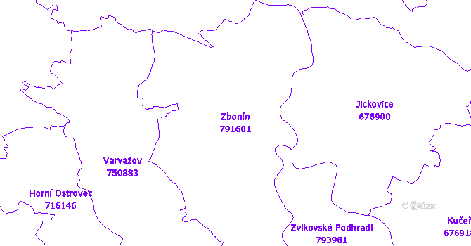 Katastrální mapa Zbonín - přehledová mapa katastrálního území