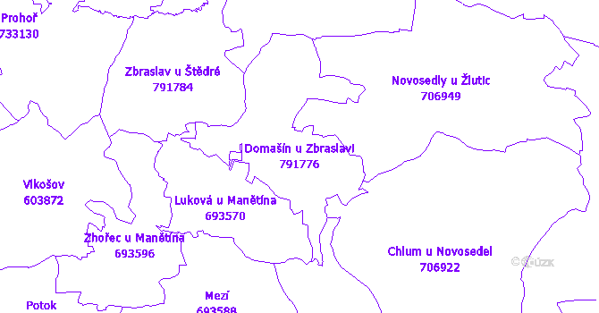 Katastrální mapa Domašín u Zbraslavi - přehledová mapa katastrálního území