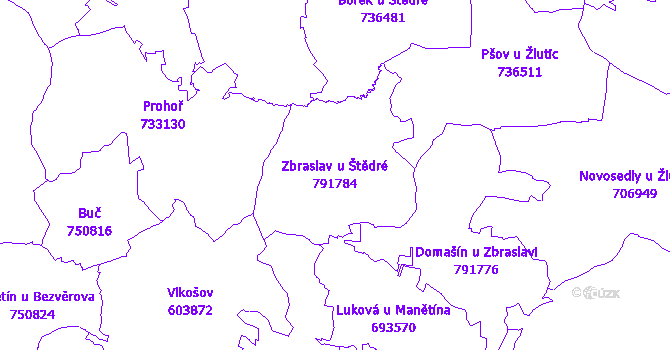 Katastrální mapa Zbraslav u Štědré - přehledová mapa katastrálního území