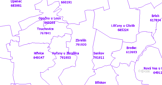 Katastrální mapa Zbrašín - přehledová mapa katastrálního území