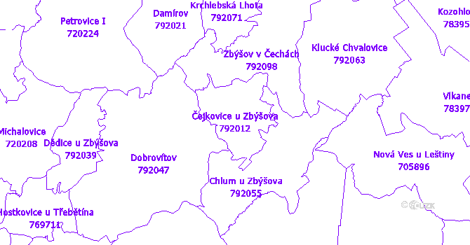 Katastrální mapa Čejkovice u Zbýšova - přehledová mapa katastrálního území