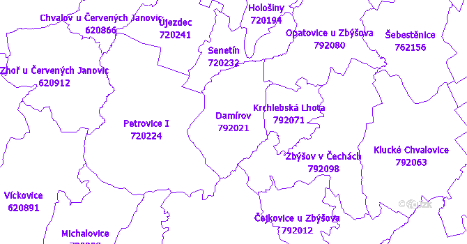 Katastrální mapa Damírov - přehledová mapa katastrálního území
