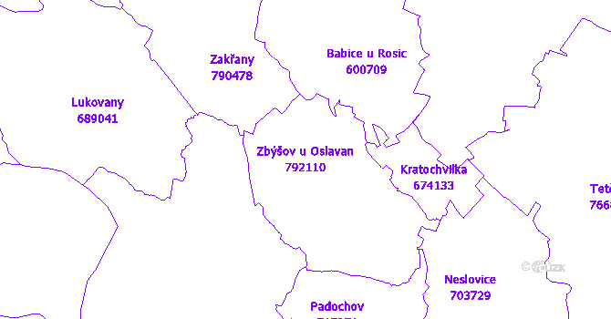 Katastrální mapa Zbýšov u Oslavan - přehledová mapa katastrálního území