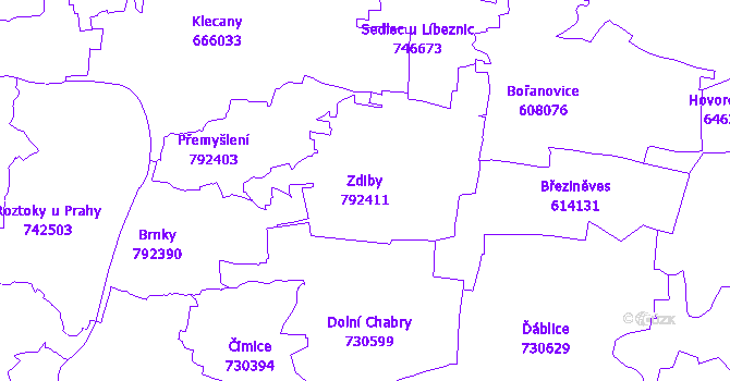 Katastrální mapa Zdiby - přehledová mapa katastrálního území