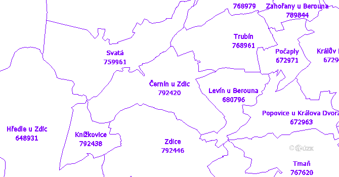 Katastrální mapa Černín u Zdic - přehledová mapa katastrálního území
