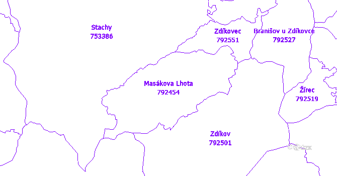 Katastrální mapa Masákova Lhota - přehledová mapa katastrálního území