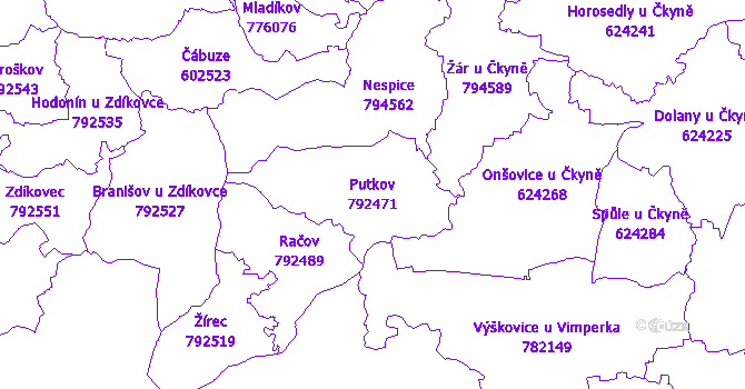 Katastrální mapa Putkov - přehledová mapa katastrálního území
