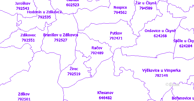 Katastrální mapa Račov - přehledová mapa katastrálního území