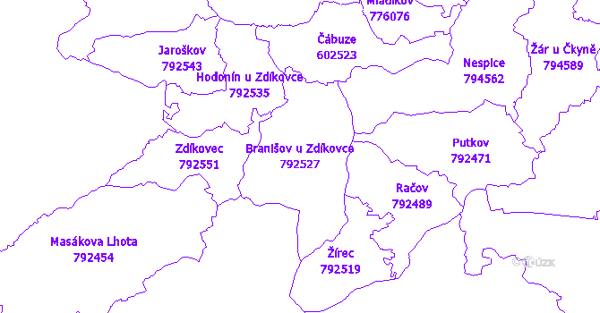 Katastrální mapa Branišov u Zdíkovce - přehledová mapa katastrálního území