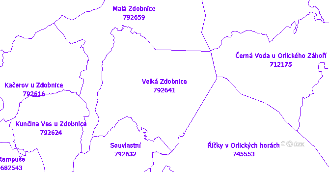 Katastrální mapa Velká Zdobnice - přehledová mapa katastrálního území