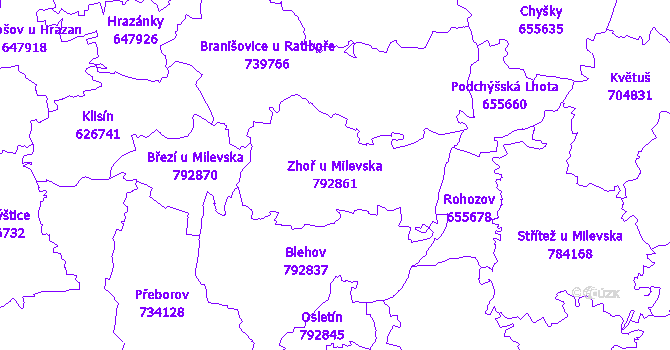 Katastrální mapa Zhoř u Milevska - přehledová mapa katastrálního území