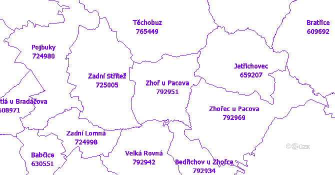 Katastrální mapa Zhoř u Pacova - přehledová mapa katastrálního území