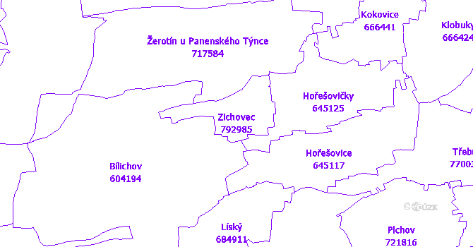 Katastrální mapa Zichovec - přehledová mapa katastrálního území