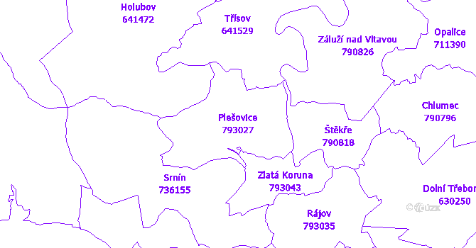Katastrální mapa Plešovice - přehledová mapa katastrálního území