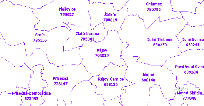 Katastrální mapa Rájov - přehledová mapa katastrálního území