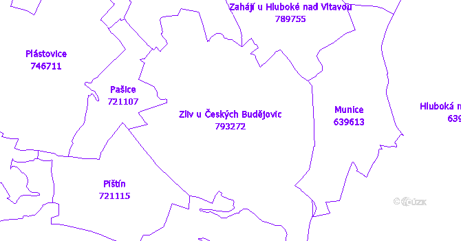 Katastrální mapa Zliv u Českých Budějovic - přehledová mapa katastrálního území