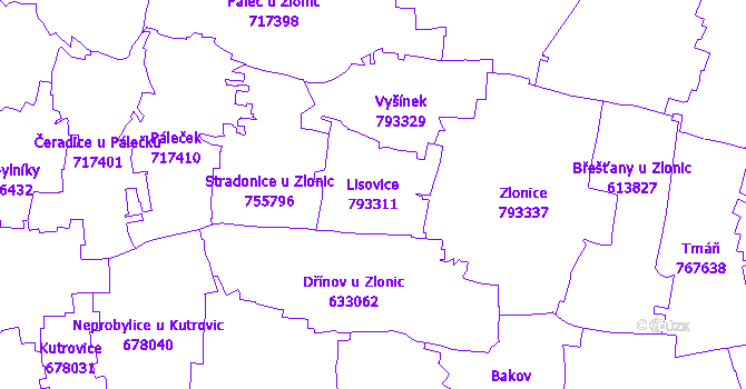 Katastrální mapa Lisovice - přehledová mapa katastrálního území