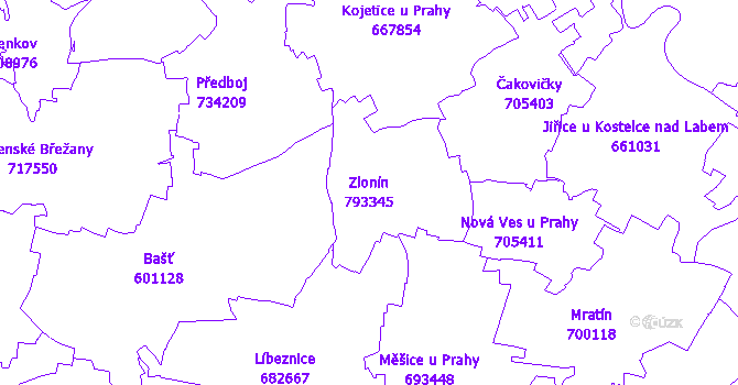 Katastrální mapa Zlonín - přehledová mapa katastrálního území