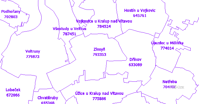 Katastrální mapa Zlosyň - přehledová mapa katastrálního území