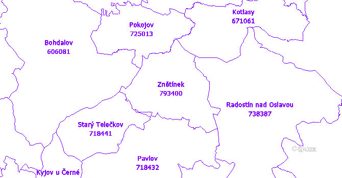 Katastrální mapa Znětínek - přehledová mapa katastrálního území