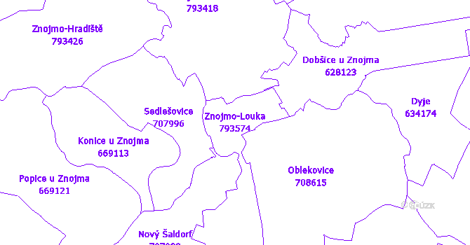 Katastrální mapa Znojmo-Louka - přehledová mapa katastrálního území