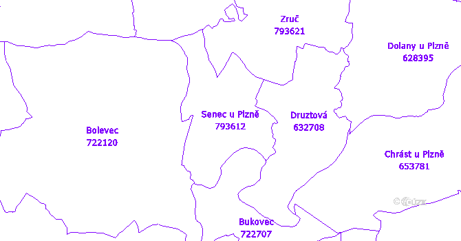 Katastrální mapa Senec u Plzně - přehledová mapa katastrálního území