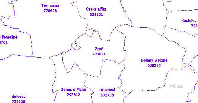 Katastrální mapa Zruč - přehledová mapa katastrálního území