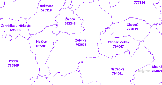 Katastrální mapa Zubčice - přehledová mapa katastrálního území