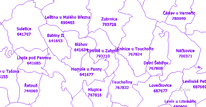 Katastrální mapa Týniště u Zubrnic - přehledová mapa katastrálního území