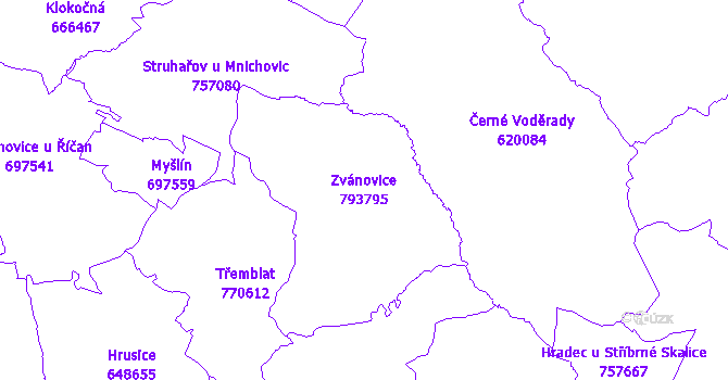Katastrální mapa Zvánovice - přehledová mapa katastrálního území