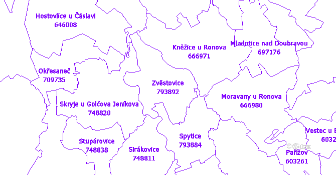 Katastrální mapa Zvěstovice - přehledová mapa katastrálního území