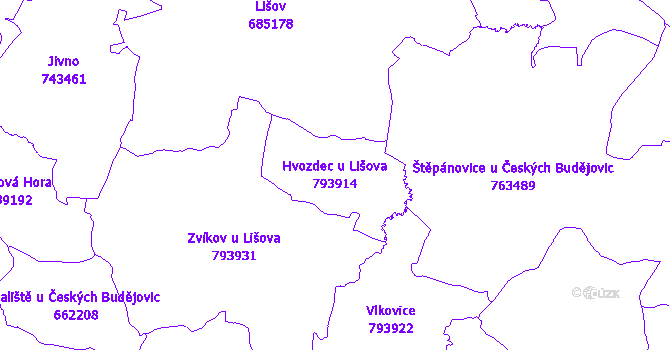 Katastrální mapa Hvozdec u Lišova - přehledová mapa katastrálního území