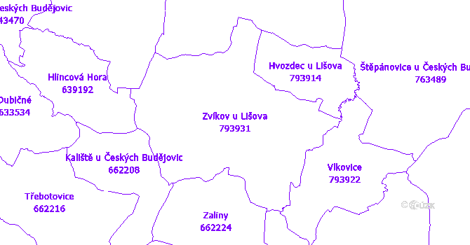Katastrální mapa Zvíkov u Lišova - přehledová mapa katastrálního území