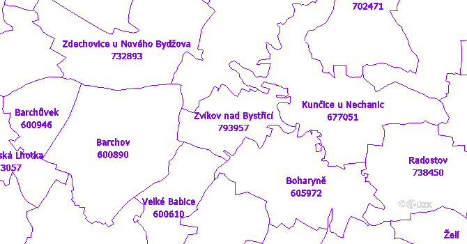 Katastrální mapa Zvíkov nad Bystřicí - přehledová mapa katastrálního území