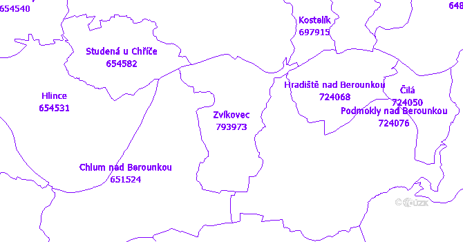 Katastrální mapa Zvíkovec - přehledová mapa katastrálního území