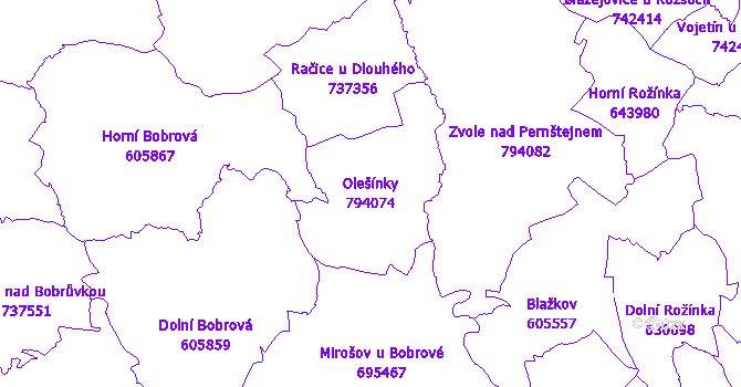 Katastrální mapa Olešínky - přehledová mapa katastrálního území