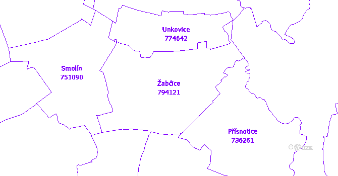 Katastrální mapa Žabčice - přehledová mapa katastrálního území