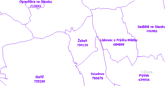 Katastrální mapa Žabeň - přehledová mapa katastrálního území