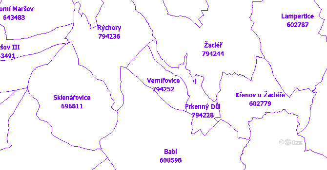 Katastrální mapa Vernířovice - přehledová mapa katastrálního území