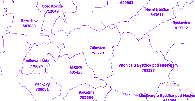 Katastrální mapa Žákovice - přehledová mapa katastrálního území