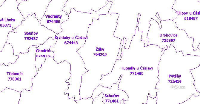 Katastrální mapa Žáky - přehledová mapa katastrálního území