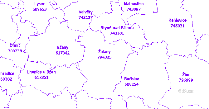 Katastrální mapa Žalany - přehledová mapa katastrálního území