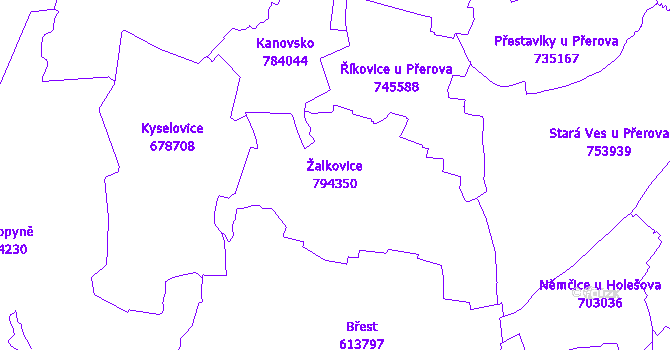 Katastrální mapa Žalkovice - přehledová mapa katastrálního území